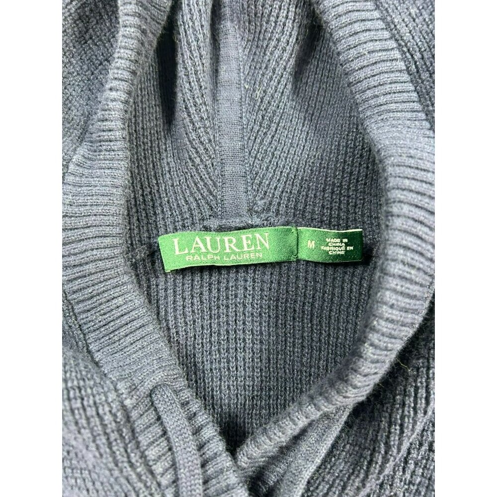 Lauren Ralph Lauren Gray Waffle-Knit Cotton Hoodie Gold-Tipped Drawstrings & Log - Picture 2 of 6